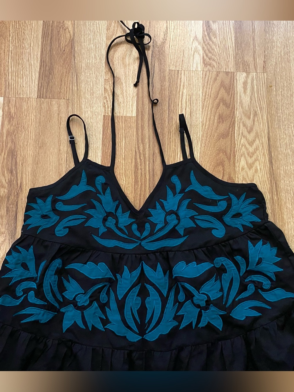 Free People Black Camisole Romper with Teal Floral Embroidery Size Medium - Picture 2 of 8